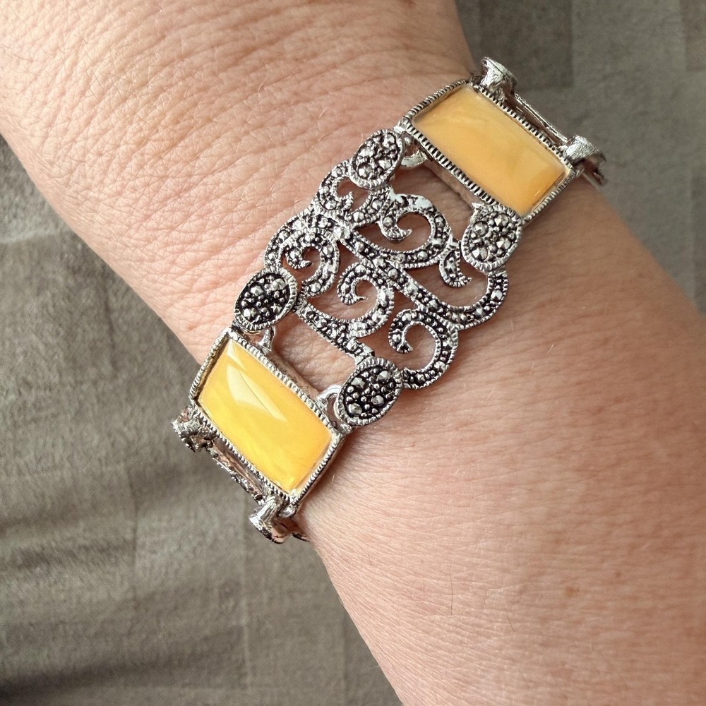 VTG Silver Tone Yellow Cabochon Filigree Chain Bracelet 7.5 Inch Statement Boho
